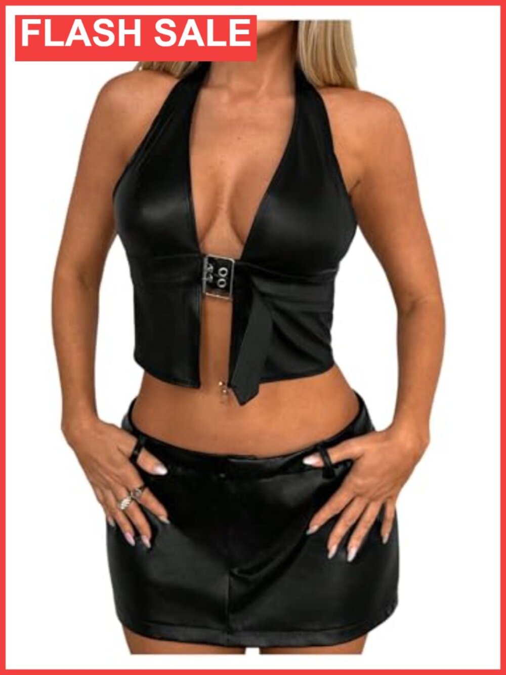 Faux Leather Buckle Corset Crop Halter Top Going Out Sleeveless
